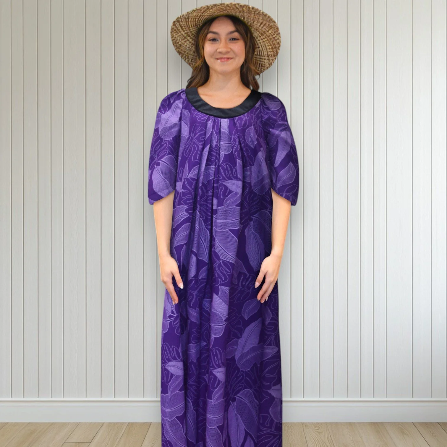 Hawaiian Muumuu Dress with Half Sleeve in Hibiscus Print